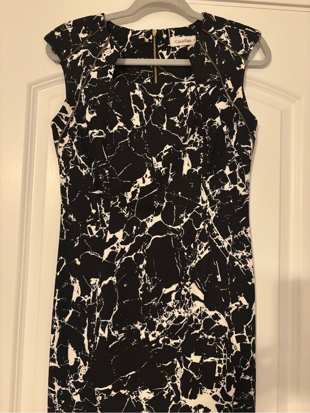 Calvin Klein Black and White Marble-Print Dress with Gold Zip Accents